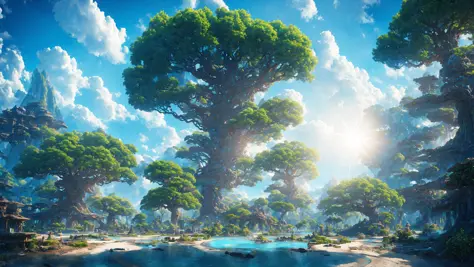 masterpiece, best quality, high quality, extremely detailed CG unity 8k wallpaper, a hyperrealistic colossal cyan raintree, in a futuristic prehistoric village, splashing water, sandy debris, lens flares, sunshaft, fluffy clouds, Hyperdetailed, HDR, bloom,...
