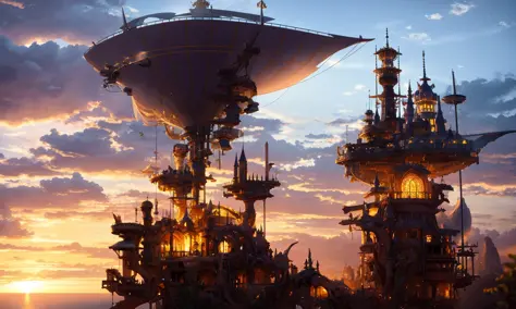 masterpiece, best quality, ultrahigh resolution, CG unity 8K wallpaper, photorealistic, award-winning photography, extremely high detailed, chromatic aberration, trending on artstation, trending on CGsociety, art by midjourney, dramatic, scenery, landscape, intricate, huge floating city beyond cloud, Dalaran, steampunk, 19th century, last exile, industrial revolution, mechanism, fantasy, airship, flying boat, blue sky, cloud, tree