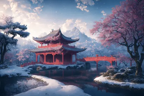 masterpiece, best quality, high quality, extremely detailed CG unity 8k wallpaper, classical chinese garden, scenery, amsterdam, winter,((snowing)),outdoors, sky, day, landscape, water, tree, blue sky, waterfall, nature, lake, river, cloudy sky,award winni...