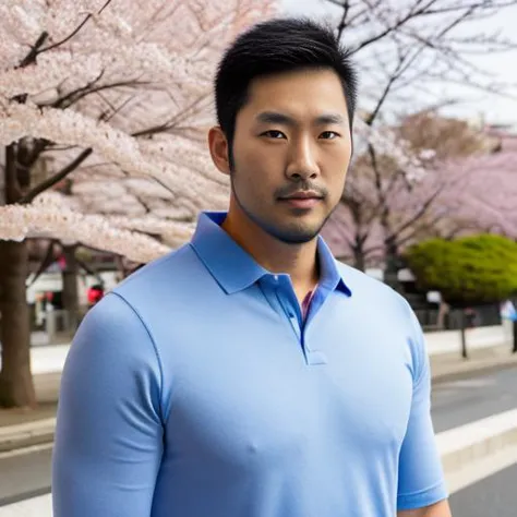 arafed man in blue shirt standing on street next to trees