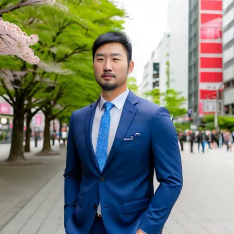 man, asian, japanese, tall, athletic, slim, muscular, dark hair, short beard, piercing blue eyes, casual suit, (sakura city background)