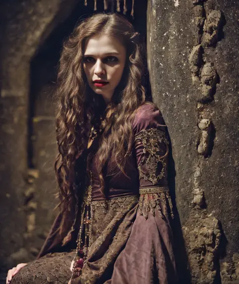 artistic photograph of a vampire princess inside a dungeon,medium shot, extremely detailed, centered, high resolution, hyperdeta...