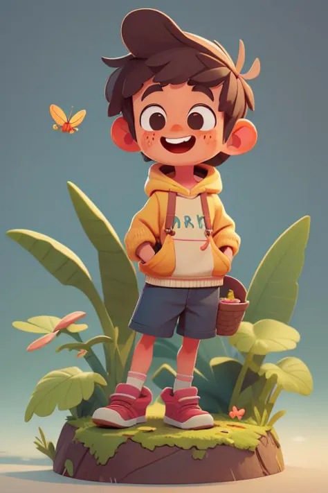 a happy cute Kind standing short hair, ein Weltraumkostüm tragen, mit einem Schmetterling spielen, draußen, Hintergrund Wald, Kind, Ton, Pixar-Stil, 3D, carTon, Detailliertes Gesicht, asymmetrisch -- Verwendung von IMG2IMG