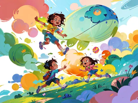 happy children's day, boy's and girl's playing ball in the candy-like clouds, (epic sci-fi fantasy:1.2), 
 (colorful illustrations:1.4), magazine illustrations,  (dynamic pose), detailed, intricate, beautiful, gorgeous stunning, cinematic, epic , <lora:playfulwhimsy-v2:0.5> <lora:COOLKIDS_MERGE_V2.5:1>