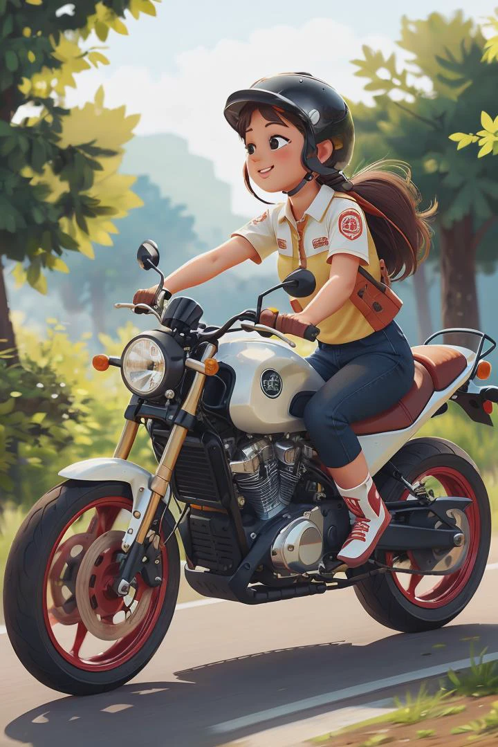 Una chica muy hermosa montando una moto deportiva., alta velocidad,  