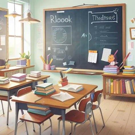 School, indoors, classroom, sunny, without students and teachers, a blackboard facing the audience, in front of the blackboard there is a wooden desk, on the desk there are some books placed on both sides. <lora:COOLKIDS_MERGE_V2.5:1>