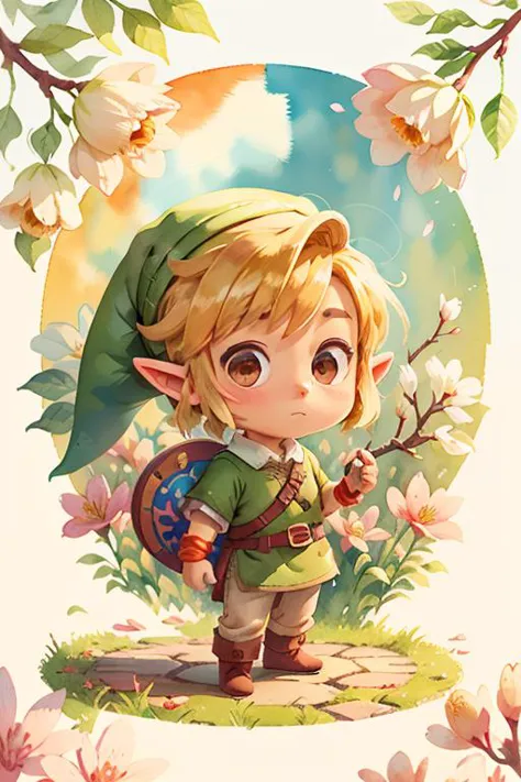 ((masterpiece)) ((cute)), link, chibi, the legend of zelda,  tunic, hat,  1 boy, blonde hair, solo, flowers around, cherry bloss...