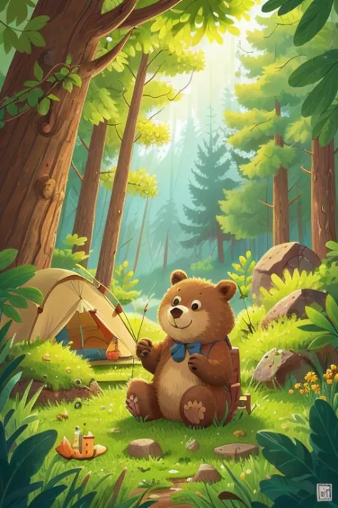 a bear is camping, kid, Deciduous Forest <lora:COOLKIDS_MERGE_V2.5:1>