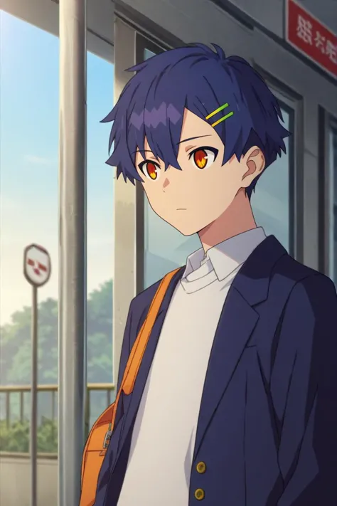 score_9, score_8_up, score_7_up, source_anime, rating_safe, , , , , 1boy, solo, male focus, <lora:yomogi_asanaka_pony:0.82>, yomogi_asanaka, blue hair, orange eyes, short hair, bangs, hair between eyes, hairclip, hair ornament, cowboy shot, bus stop, dusk, holding instrument, :\3, , <lora:sdxl_lightning_8step_lora:1>