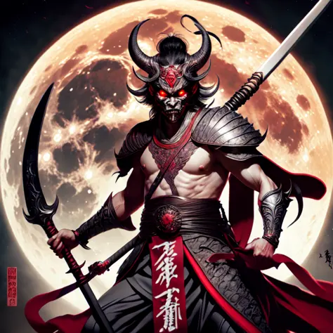 photo, an illustration of a demon holding a sword in front of a full moon (FantasyDaimyo style:1)  <lora:djzFantasyDaimyoV21:0.8...
