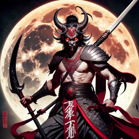 photo, an illustration of a demon holding a sword in front of a full moon (fantasydaimyo style:1)  <lora:djzfantasydaimyov21:0.8...