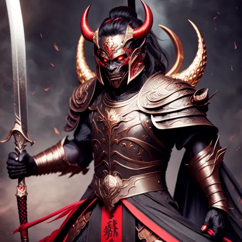 photo, an illustration of a demon in armor holding a sword (FantasyDaimyo style:1)  <lora:djzFantasyDaimyoV21:0.8>