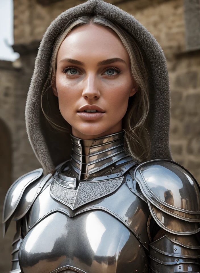 medium closeup nude portrait of eye contact with Candice Swanepoel warrior knight undressing armor in the town square, smooth clean face skin, handcuffed, exposed breast, eye shadow, leather knight (plate armor), pubic hair vulva, eyeliner, lipstick, shiny eyes, [skin condition] [pimples], in a castle courtyard (in front of villagers), pointing finger, background scaffold, telephoto lens, sharp focus, f5.8, RAW, canon press photography, d750 hdr photo by David Lazar and annie leibovitz, art photography, flare, natural light, movie still from Interstellar