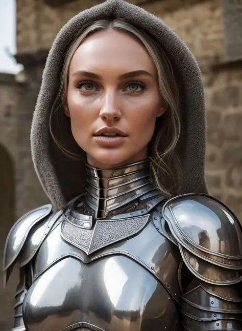 medium closeup nude portrait of eye contact with Candice Swanepoel warrior knight undressing armor in the town square, smooth cl...