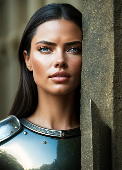 medium closeup portrait of eye contact with adriana lima warrior knight in armor in the town square, smooth clean face skin, eye...