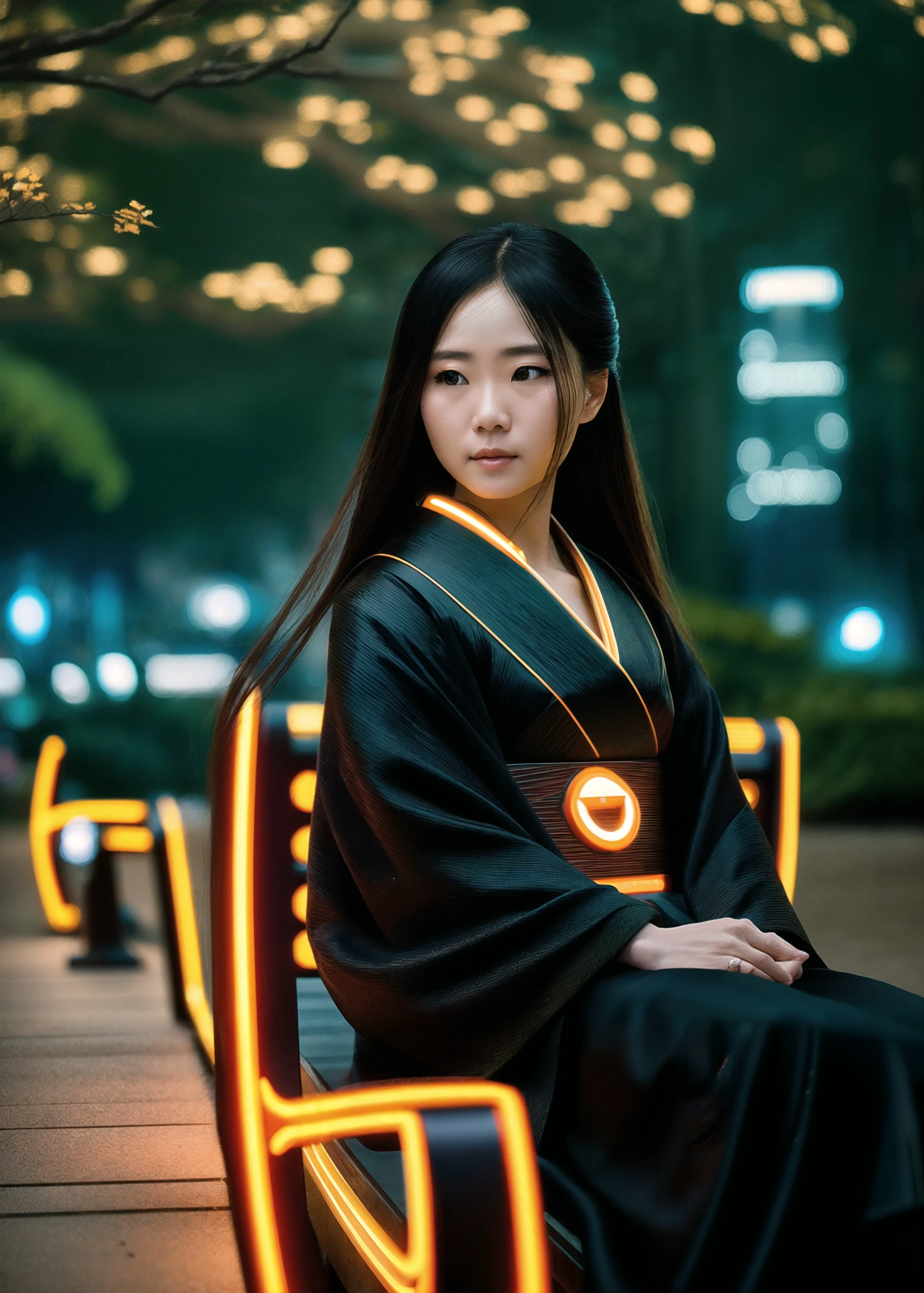 adorable woman sitting on a bench in a japanese park, dynamic angle, close-up, leaves, wind, Style-TronLegacy-8v-A, full medium shot, 35mm lens, intricate details, long hair flowing with the wind, black glowing kimono, futuristic, cyberpunk, sword, circuitry
