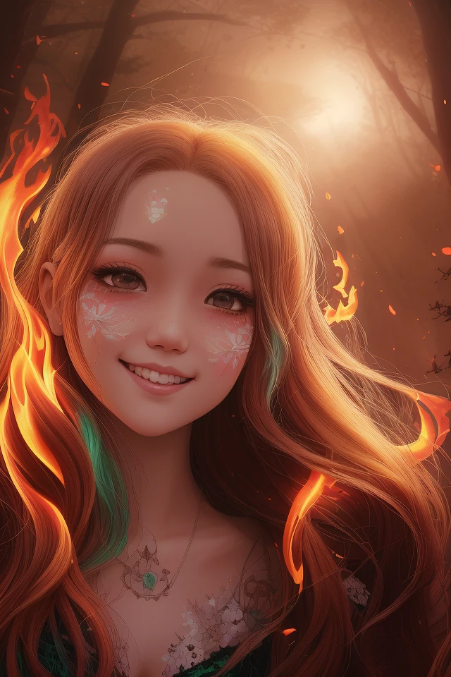 masterpiece, best quality, hair is turning into fire, hair is on fire, Fantasy, (light rayer:1.05), orange light particles, scenery, fire, Beautiful and detailed explosion, beautiful detailed glow, Flames burning around, Flames burning around, Fire feathers, burning, (burning forest:1.34), (bare trees:1.05), ashes, (red sun:1.05), (flame swirling around the character:1.1), solo, crazy_smile, (detailed:1.05), high resolution illustration, lustrous skin, colorful, (ultra-detailed:1.1), (illustration:1.05), (detailed light:1.05), (an extremely delicate and beautiful:1.1), beautiful detailed girl, depth of field, white_long_hair, orange_eyes, eyelashs, dark eyelashes, eyeliner, soft glowing eyes,  