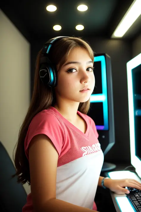 (photo, realistic), 
female, 14-year-old, e-girl, (detailed skin), 
dressed, 
in gaming room, lights off, computer, 
low angle, ...