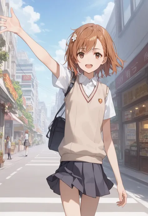 anime girl crossing the street with her arms outstretched