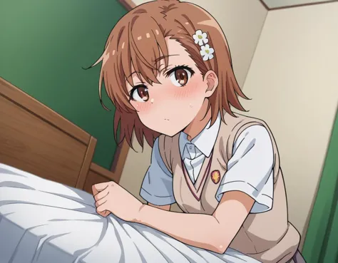 anime girl in uniform sitting on bed with white sheets