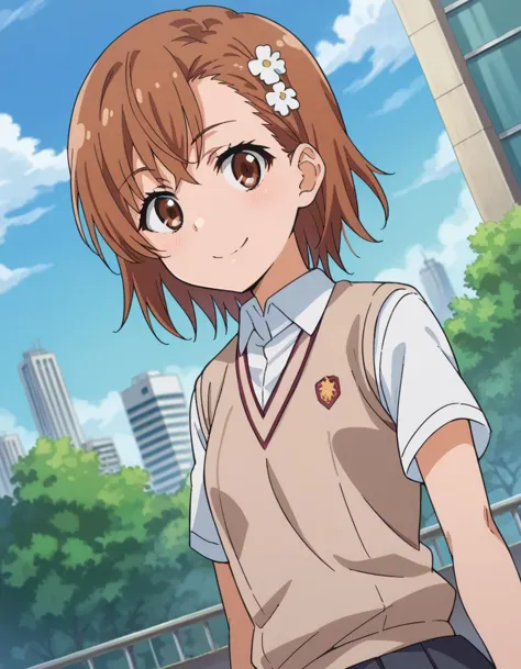 anime girl with brown hair and white shirt and blue skirt