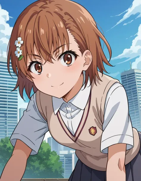 a close up of a person in a uniform with a city in the background