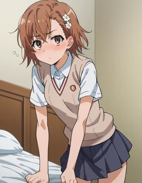 anime girl in uniform leaning on bed with her hand on her hips