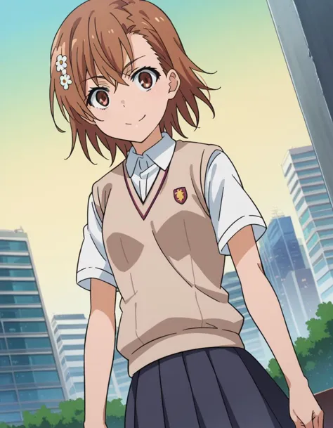 anime girl in school uniform standing in front of a city