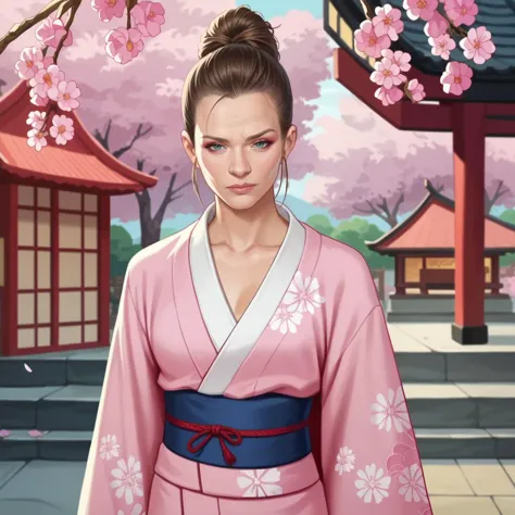 a close up of a woman in a pink kimono