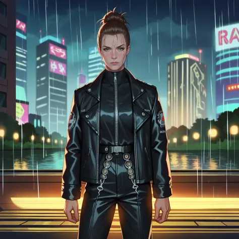 a close up of a person in a leather outfit standing in the rain