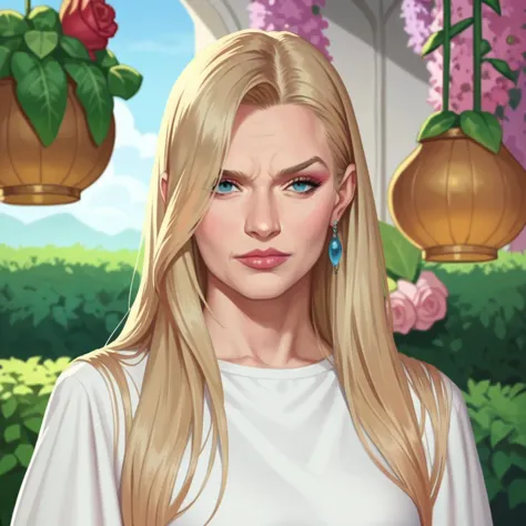 a woman with long blonde hair and blue eyes standing in front of a flower garden