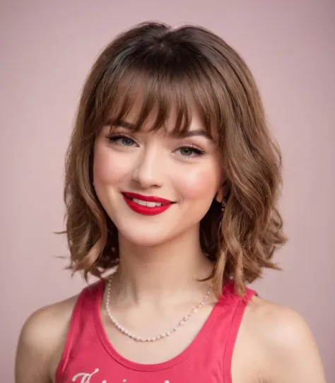 Close up of Masie Peters in pink tank top, smiling, red lipstick, rim lighting, soft lighting, detailed face, bangs haircut, hig...