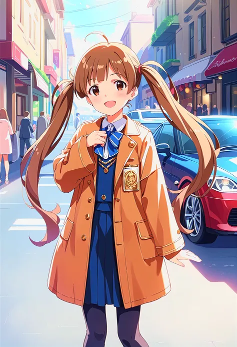 anime girl with long hair in a school uniform standing on a street