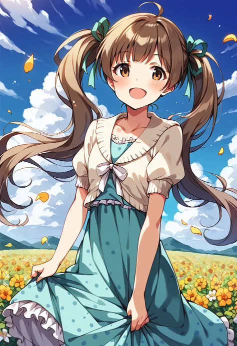 a girl in a dress standing in a field of flowers