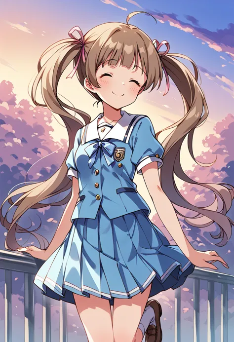 score_9, score_8_up, score_7_up, very aesthetic, source_anime BREAK
hakozaki serika, summer-jhs, 1girl, solo, millimas, twintails, smile, closed eyes, ^ ^, ahoge, brown footwear, white legwear, brown hair, school uniform, pleated skirt, hair ribbon, standing, blue skirt, blush, closed mouth, very long hair, blue shirt, facing viewer, white sailor collar, puffy short sleeves, pink ribbon, neck ribbon, eyebrows visible through hair, blue serafuku, light brown hair, blue ribbon, plaid ribbon, blue neckwear, miniskirt, floating hair, shiny hair, buttons, collared shirt, kneehighs, happy, blue blouse, pocket, small breasts, white socks, dot nose, blunt bangs, light blush, legs, sunset, outdoors, from below
<lora:hakozaki_serika_sdxl_pony_locon_v1:0.7>