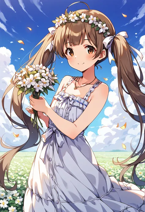 a girl in a dress holding flowers in a field