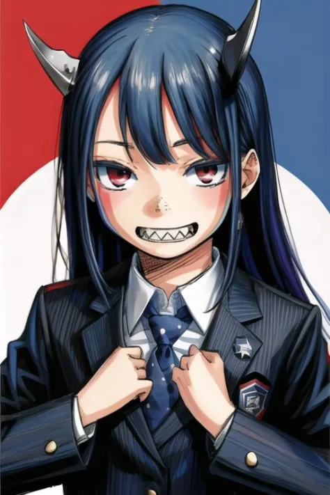 <lora:Aoki_Ruri:0.9> Aoki_Ruri,
girl,blue_hair, black_jacket, blazer, , blue_bowtie, collared_shirt,  fangs, horns, jacket, long...