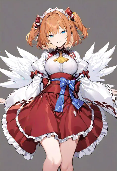 a woman in a red and white dress with angel wings