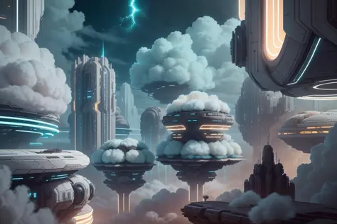 a close up of a futuristic city with a lot of clouds