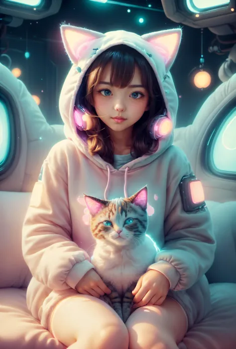 anime girl with cat ears and hoodie sitting on a bed