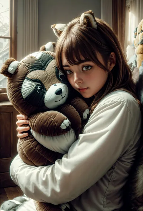 araffe with a teddy bear in her arms sitting on a bed