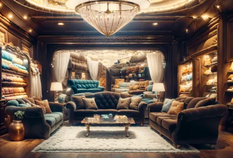 <lora:add_detail:0.6> <lora:PlushTech-22:0.8> plushtech, (masterpiece, best quality, realistic, detailed, crisp:1.2), (photo, wide angle), (shop filled with sofas, mall, sofa shop, couches), chandelier, soft velvet, soothing light,