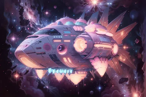 space ship, cosmic space motif, pastel, retro 80s album cover, digital painting <lora:add_detail:0.1>  <lora:KawaiiTech:0.2> kaw...