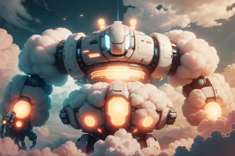 scifi retro robot, rounded shapes made of cotton, soft colors, (made from clouds), cloudtech, fluffy clouds and tech, fur, (cotton puff), scifi lightning lights, wind, inner glow, glowing, scifi <lora:PlushTech:0.7> plushtech <lora:Pyramid lora_Ghibli_n3_0.7+Pyramid lora_Ghibli_v2_0.3:0.3> <lora:SaltTech:0.2> salttech,  <lora:NeoFuturisticTech:0.3> neotech