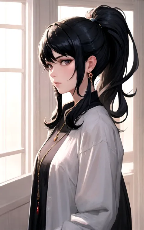 artstyle_guweiz_ownwaifu,
1girl, black hair, long hair, jewelry, long sleeves, bangs, earrings, ponytail, rain, dark, indoors, 
...