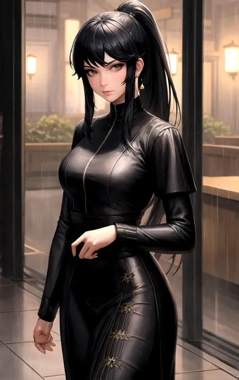 artstyle_guweiz_ownwaifu,
1girl, black hair, long hair, jewelry, long sleeves, bangs, earrings, ponytail, rain, dark, indoors, 
...