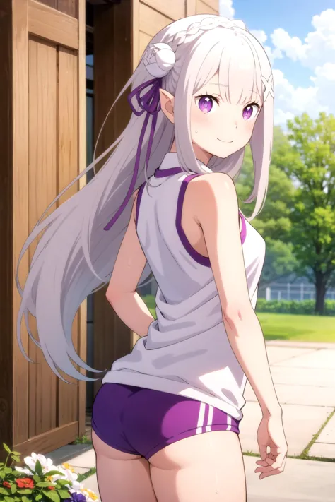 1girl, solo, masterpiece, best quality,
        <lora:emilia-rezero-01:0.6>,
        sweat, re:zero kara hajimeru isekai seikats...