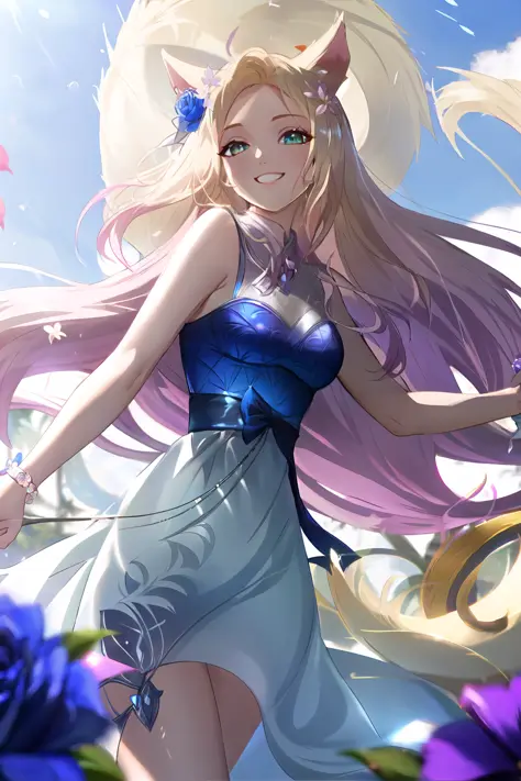 ahri \(league of legends\), (very detailed background:1.0), (highly detailed background:1.0), masterpiece, best quality, (1girl), solo, (girl:1.2), (happy),long hair, blonde hair, open arms, flower field, flowers:2, motion blur, roses, tulipss, (summer:1.2), chromatic aberration, depth of field, soft lighting, highly detailed face, highly detailed eyes, smile, (flower pettals falling)