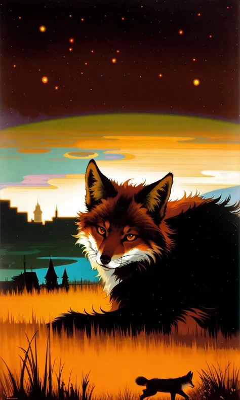 a painting of a fox and a cat in a field