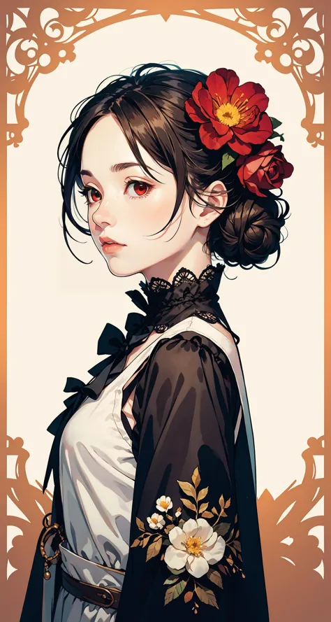 (intricate detail, beautiful:1.2), goddess, solo, flower, red eyes, white hair, red flower, hair flower, white flower, hair ornament, from side, simple background, upper body, sideways glance, expressionless, (dark brown theme:1.3), looking to the side, hair buns
<lora:smol02:0.4> <lora:Dreamwave v3:0.5>